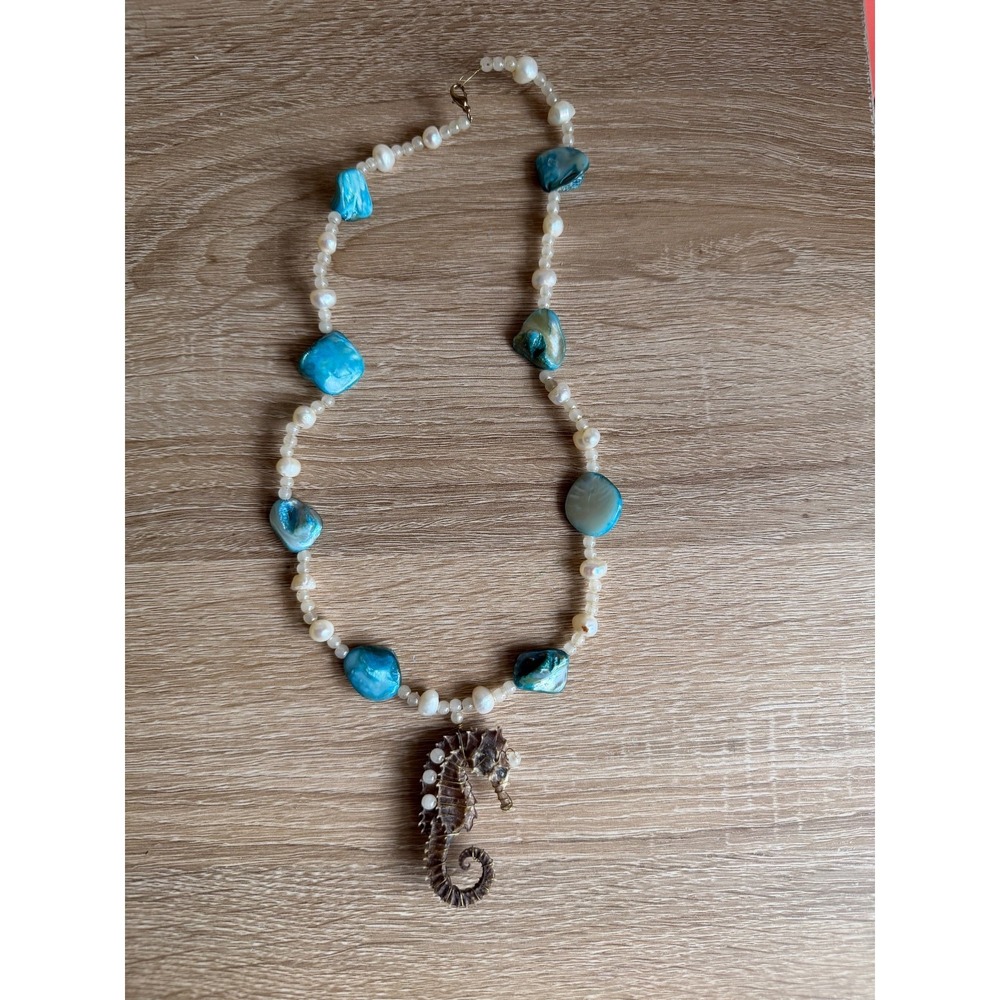 Dried  Sea Horse Authentic  Pearl  Necklace Teal Stones  Pearl 18' Statement